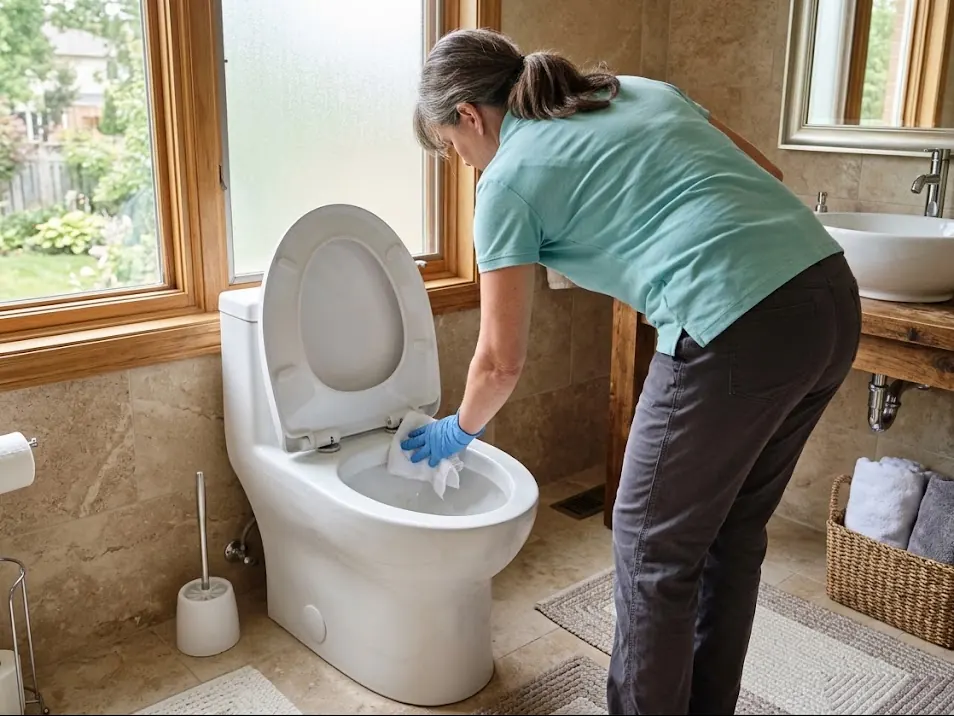 Cleaner carefully wiping a white toilet in a cosy bathroom