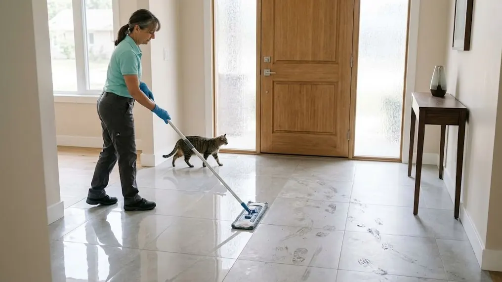Cleaner mopping a tiled entrance, glossy floor behind the mop, a cat walking by